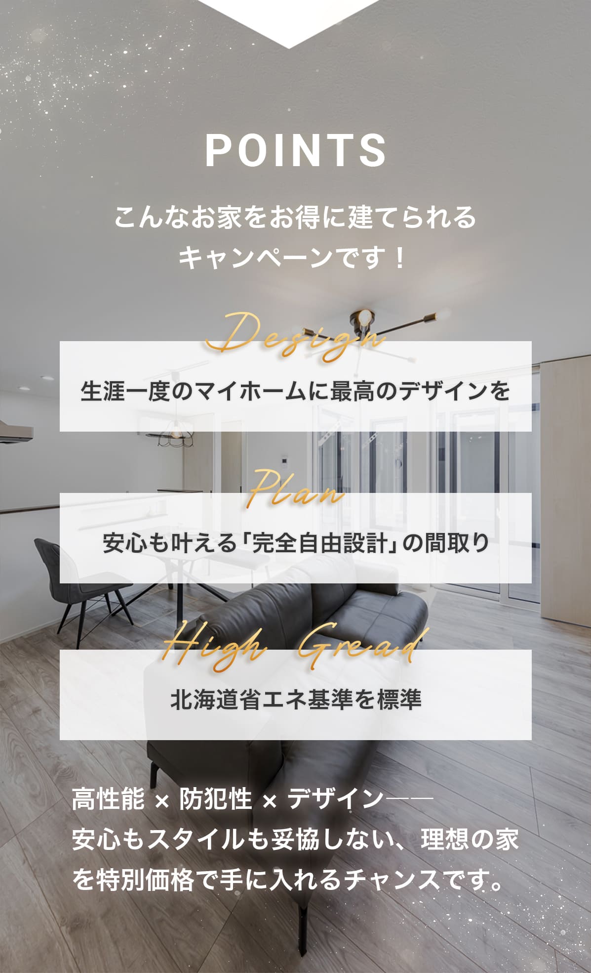 こんなお家をお得に建てられるキャンペーンです！Design「生涯一度のマイホームに最高のデザインを」 Plan「制限なし！完全自由設計の間取り」 High Gread「北海道省エネ基準を標準」